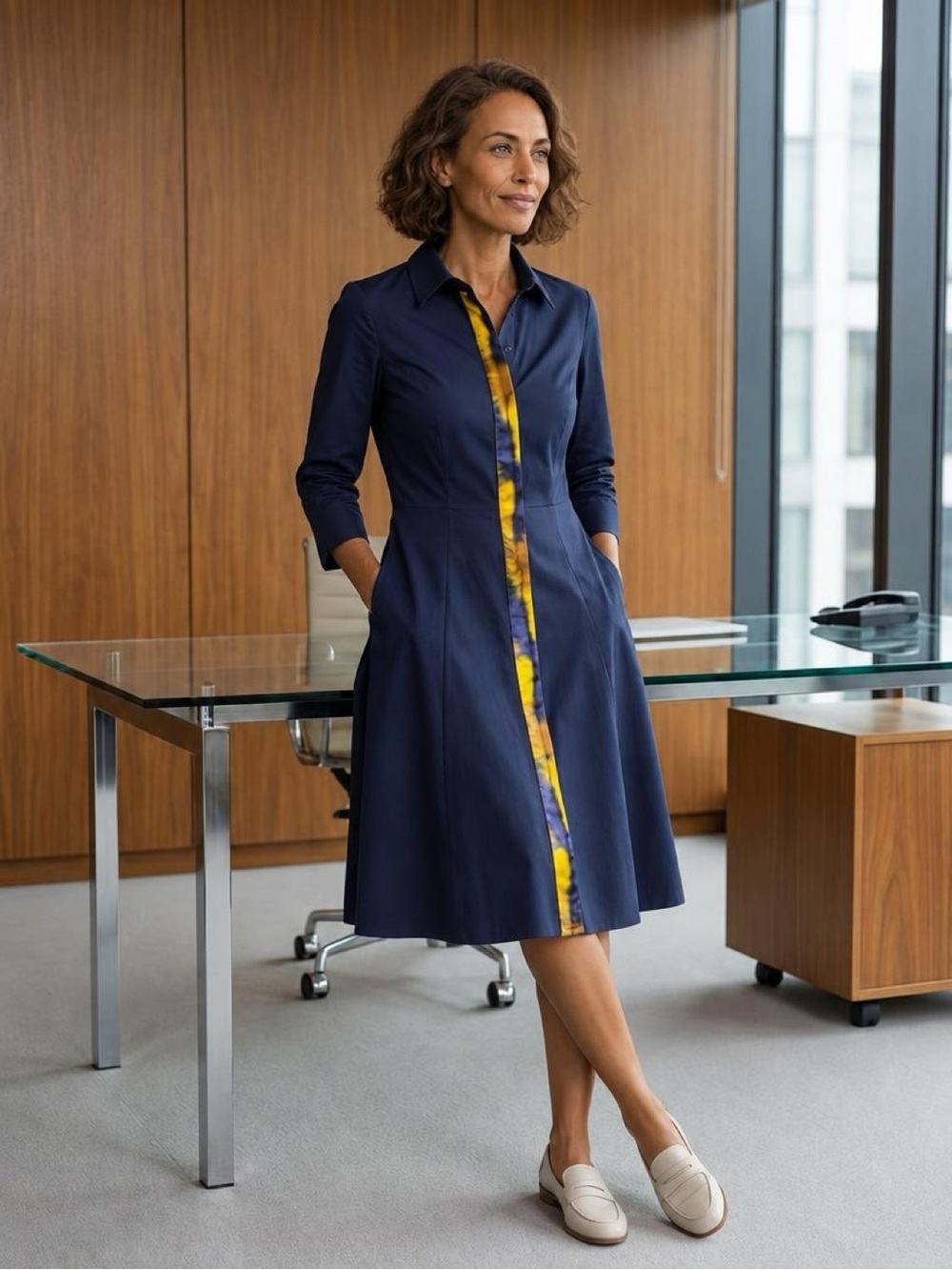 Elie Tahari Navy Blue A-Line Shirt Dress Watercolor Accent Size 6